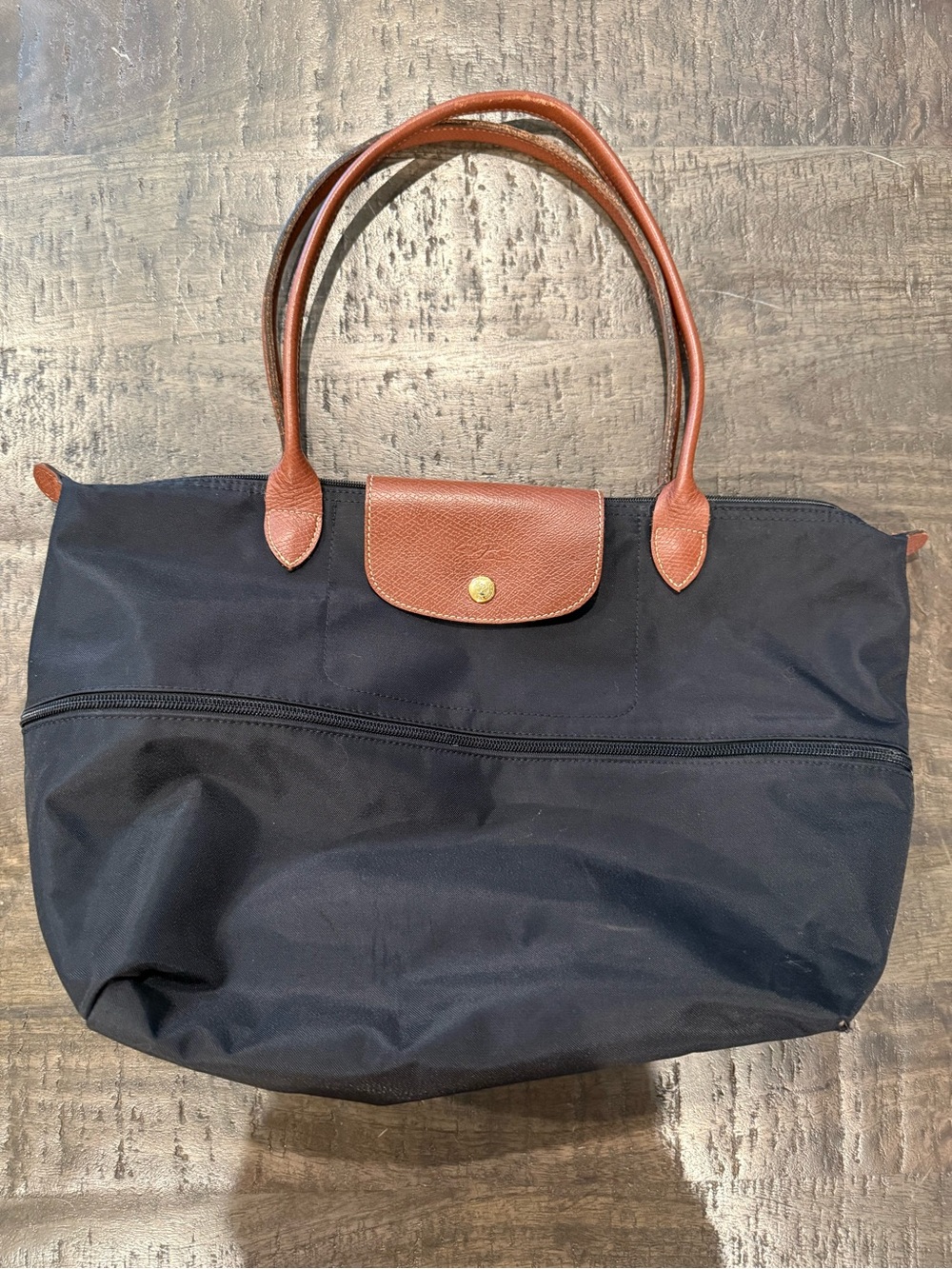 Longchamp Le Pliage Black Nylon Expandable Travel Tote w/Brown Leather - Picture 2 of 12